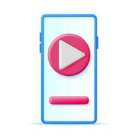 3D Play Button on Smartphone Screen Isolated. Render Red Circle with White Triangle. Simple Icon of Web Player. Social Media, Web Multimedia Movie and Music. Video, Audio and VLOG. Vector Illustration