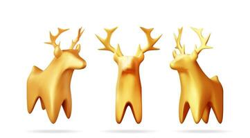 3D Set of Christmas Deer Statue Isolated. Render Collection of Gold Deer Figurine. Cute Deer with Antlers. Happy New Year Reindeer Decoration. New Year and Xmas Celebration. Vector Illustration