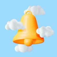 3D Notification Bell Icon in Clouds. Golden Render Ringing Bell. Gold School Bell and Chat Cloud Mockup. Alert and Alarm Symbol. Social Media Network Notification Reminder. Vector Illustration