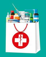 Medicine collection in bag. Set of bottles, tablets, pills, capsules and sprays for illness and pain treatment. Medical drug, vitamin, antibiotic. Healthcare and pharmacy. Flat vector illustration