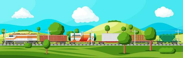 Train with cargo wagons, cisterns, tanks and cars. Railroad freight collection. Nature landscape with trees, hills, forest and clouds. Cargo rail transportation. Flat vector illustration