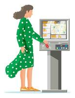 calle pago terminal y mujer aislado. yo Servicio financiero equipo. pago para servicios y bienes. Cajero automático, boleto máquina o estacionamiento metro, de pie. dibujos animados plano vector ilustración