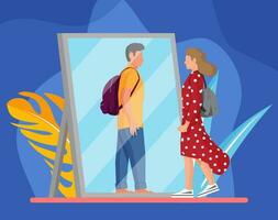Woman transgender looking in mirror and seeing man. Imaginary reflection, concept of transgenderism. Boy and girl sexual orientation. LGBT pride, gender identity. Cartoon flat vector illustration