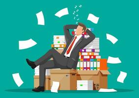 Business man character sleep in bunch of papers. Tired businessman or office worker sleeping on workplace. Stress at work. Bureaucracy, paperwork, deadline. Vector illustration in flat style