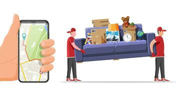 Delivery character man movers carry sofa and smartphone with map app. Porters carry couch isolated. Moving company with loaders and furniture. Delivery relocation service. Flat vector illustration