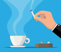 Coffee cup and ashtray full of smokes cigarettes. Unhealthy lifestyle. Breakfast and morning. Vector illustration in flat style