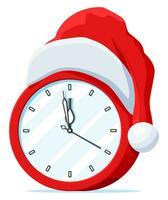 Clocks dressed in the Santa Claus hat. Clock showing almost midnight with red cap. Happy new year decoration. Merry christmas holiday. New year and xmas celebration. Flat vector illustration