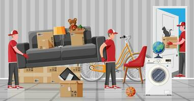 Moving to new house. Family relocated to new home. Paper cardboard boxes with various household thing. Package for transportation. Computer, lamp, clothes, books. Vector illustration in flat style