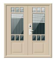 Wooden cottage door with windows and window blind. Closed door with chrome handle and bell button at front door. Concept of invitation to enter or new opportunity. Flat vector illustration