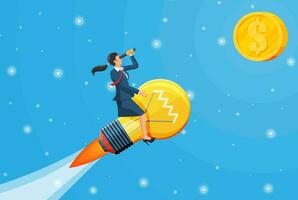 Businesswoman flying on big idea bulb formed rocket. Business woman on lamp looking through spyglass. Big idea, success, achievement, business vision career goal. Flat vector illustration