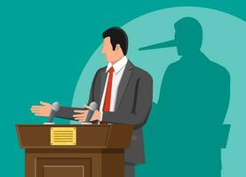 Businessman with long nose shadow on wall. Orator speaking from tribune. Public speaker. Liar, lying people in business. Cheat, fraud, scam, hoax and crime. Vector illustration in flat style