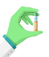 Doctor wears rubber gloves and hold vaccine bottle in hand. Vaccination concept. Ampoule medicine with liquid in bottle. Glass vial with drug. Healthcare, medical diagnostics. Flat vector illustration