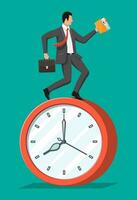 Businessman is fast running on big clock with waving necktie and briefcase. Business man rushing hurry to get on time. Time is money. Flat vector illustration