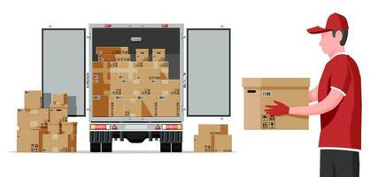 Truck trailer rear view loaded with cardboard boxes. Delivery van with pile of boxes. Express delivering services commercial truck. Fast and free delivery. Cargo logistic. Flat vector illustration