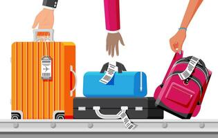 Luggage Carousel Against in Airport. Conveyor Belt With Passenger Luggage. Baggage Claim In Airport Isolated. Passengers Take Their Luggage from Train or Airport Terminal. Flat Vector Illustration