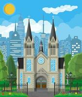 Exterior of catholic or protestant church cathedral in gothic style with fence and trees behind. Chapel. Tower with cross. Park with cityscape and sky. Suburb church concept. Flat vector illustration