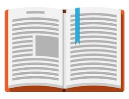 Open book with an upside down page and bookmark. Reading, education, e-book, literature, encyclopedia. Vector illustration in flat style