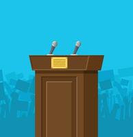 Brown wooden rostrum with microphones for presentation. Stand, podium for conferences, lectures or debates. Silhouette of crowd, demonstrators, protest. Vector illustration in flat style