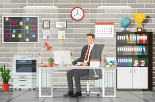 Office building interior. Businessman at desk with computer, chair, lamp, books and document papers. Drawer, tree, clocks, calendar, printer. Modern business workplace. Flat vector illustration