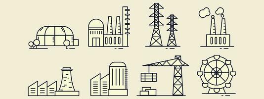 Building line icons set. mines, harbors, electricity substations, power plants, greenhouses. Architectural concept. Can be used for topics such as mining and agriculture vector