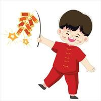 a Chinese kid. dressed in red. boys playing with firecrackers. isolated on a white background vector