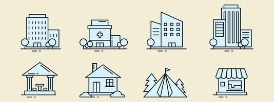 Building line icons set. Banks, offices, cafes, hospitals, tents. Architectural concept. Can be used for topics like offices, cities, real estate vector