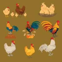 Chickens set vector illustration in Color. Set of male, female and chicks. Brown and White Chicken.