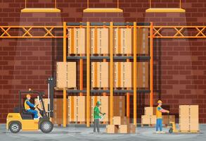 Warehouse shelves with goods, mover and container package boxes. Pile cardboard boxes set. Carton delivery packaging open and closed box with fragile signs. Vector illustration in flat style