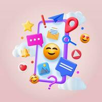 3D Social Media Concept Isolated. Render Smartphone with Colorful Social Network Icon. Chat Bubble, Like Button, Exclamation Question Mark, Notification Bell. Online Communication. Vector Illustration