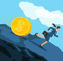 Businesswoman running away from big debt golden coin weight. Business woman with briefcase and dollar coin. Tax, debt, fee, crisis and bankruptcy. Vector illustration in flat style