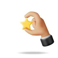 3D Glossy Yellow Star Rating in Hand Isolated. Reviews Stars Realistic Render. Testimonials, Rating, Feedback, Survey, Quality and Review. Achievements or Goal. Vector Illustration