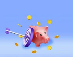 3D Piggy Bank with Dart Target Isolated. Render Plastic Piggy Bank for Money. Moneybox in Form of Pig. Concept of Cash Money, Business Deposit Investment, Financial Savings. Vector Illustration