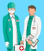 Two doctors in coat with stethoscope and case. Medical suit with different pills and medical devices in pockets. Healthcare staff, hospital and medical diagnostics. Vector illustration in flat style