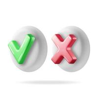 3D Right and Wrong Button Shape. Green Yes and Red No Correct Incorrect Sign. Checkmark Tick Rejection, Cancel, Error, Stop, Negative, Agreement Approval or Trust Symbol. Vector Illustration