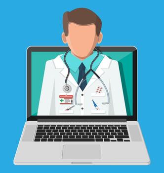 ordenador portátil con Internet farmacia compras aplicación pastillas y botellas, medicina en línea. médico asistencia, ayuda, apoyo en línea. salud cuidado solicitud en teléfono inteligente vector ilustración en plano estilo