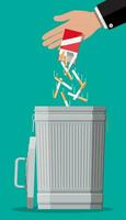 Tobacco abuse concept. Hand putting cigarettes package in trash bin. No smoking. Rejection, proposal smoke. Vector illustration in flat style.