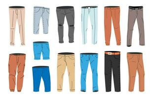 masculino pantalones modelos recopilación. conjunto de hombre mezclilla bermudas, pantalones o pantalones. casual de moda ropa para hombres. flaco, acampanado y clásico vaqueros. dibujos animados plano vector ilustración