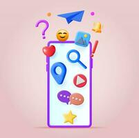 3D Social Media Concept Isolated. Render Smartphone with Colorful Social Network Icon. Chat Bubble, Like Button, Exclamation Question Mark, Notification Bell. Online Communication. Vector Illustration