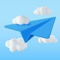 3D Blue Paper Plane in Sky with Clouds. Render Folded Paper Into Shape of Airplane Icon. Origami Folded Toy Air Plane. Transportation, Delivery, Internet Mail and Messaging Symbol. Vector Illustration