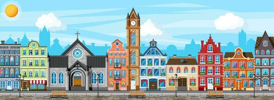 Traditional European Town. Old City Street with Lamp and Paving Stones Road. Medieval Urban Landscape. Street with Colorful Houses in Different Architectural Styles. Cartoon Flat Vector Illustration