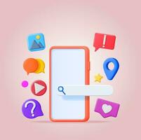 3D Social Media Concept Isolated. Render Smartphone with Colorful Social Network Icon. Chat Bubble, Like Button, Exclamation Question Mark, Location Pin. Online Communication. Vector Illustration