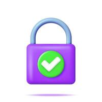 3D Padlock with Approved Checkmark Isolated. Render Pad Lock Icon with Approval Check Mark. Concept of Security, Protection and Confidentiality. Safety, Encryption and Privacy. Vector Illustration