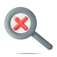 3D Magnifying Glass and Check Mark Isolated. Red Checkmark Tick Represents Rejection. Wrong Choice Concept. Cancel, Error, Stop, Disapprove or Negative Symbol. Vector Illustration