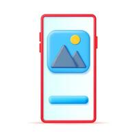 3D Smartphone with Gallery Icon Isolated. Mountains with Sun Under Blue Sky. Cartoon Render Photo Icon. App Image File. JPG Photo Symbol on Mobile Phone. Geometric Elements Design. Vector Illustration