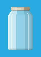 Empty glass jar for canning and preserving. Glass bottle with lid isolated on blue background. Plastic container for liquids. Vector illustration in flat style