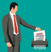 Man Office Worker Shredding Documents. Shredder Machine And Businessman With Confidential Paper. Office Device For Destruction Of Documents. Data Protection. Flat Vector Illustration