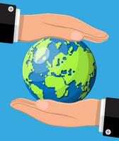 Human hand holding green earth. Save earth day. Respect for nature and environment. Hands protecting globe. Cartography and geography, globe. Flat vector illustration