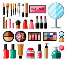 maquillaje recopilación. conjunto de decorativo productos cosméticos. maquillaje almacenar. varios cepillos, perfume, máscara, brillo, polvo, lápiz labial y rubor. belleza y moda. dibujos animados plano vector ilustración