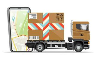 Delivery van with box and smartphone with navigation app. Express delivering services commercial truck. Concept of fast and free delivery by car. Cargo and logistic. Cartoon flat vector illustration