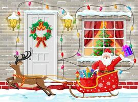 Christmas door decoration. Santa claus in sleight with deer. Entrance to suburban house decorated with wreath garland lights. Holiday greetings. New year and xmas celebration. Flat vector illustration